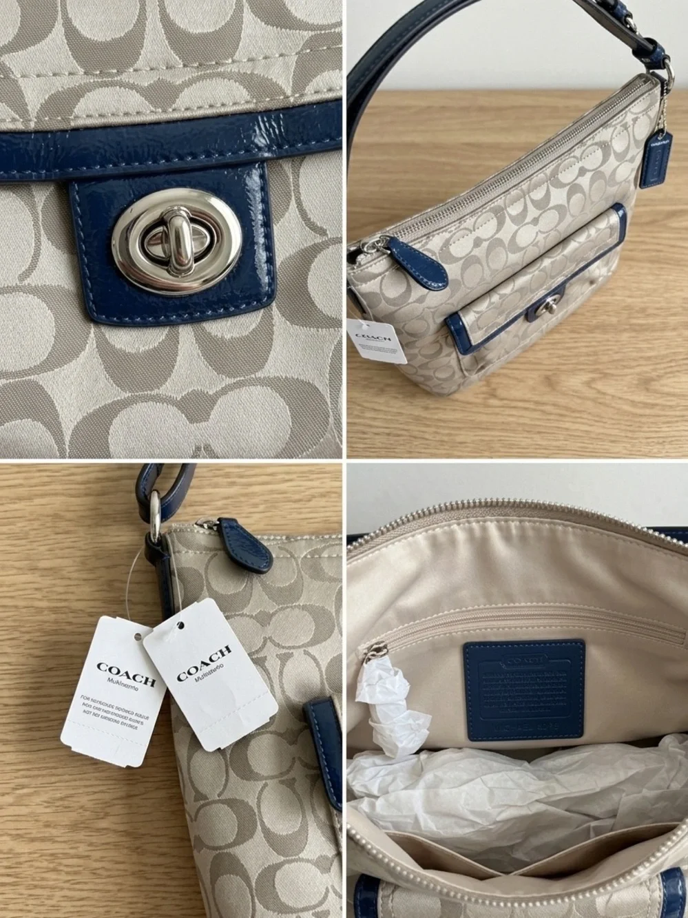 Coach Beige Signature Canvas Hobo with Navy Leather Trim and Turnlock